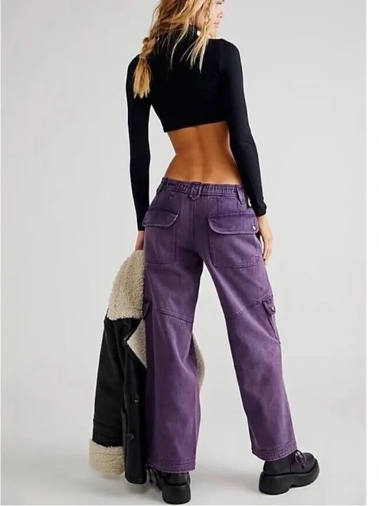 Free People Plum/prune  Came And Ge It Cargo Wide-Leg Denim Pants - Picture 3 of 12